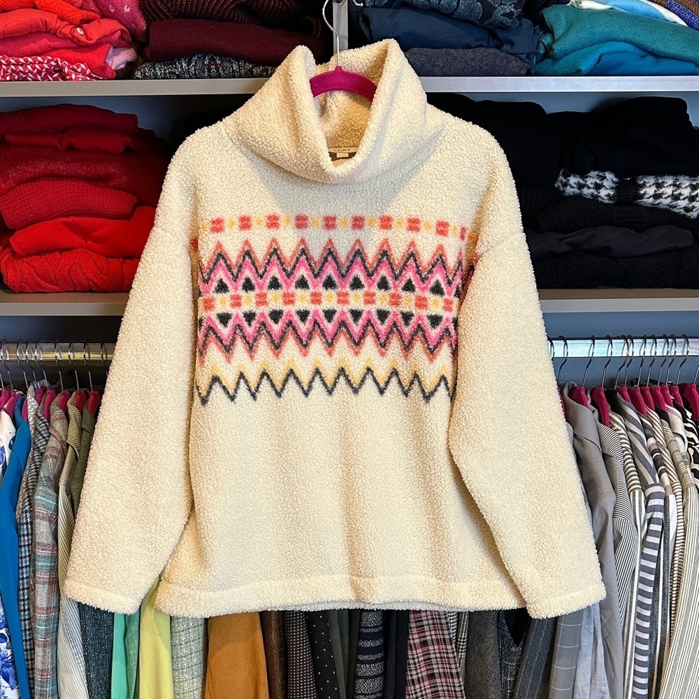 Loft cream/pink print mock neck long sleeve fleece sweater size M
